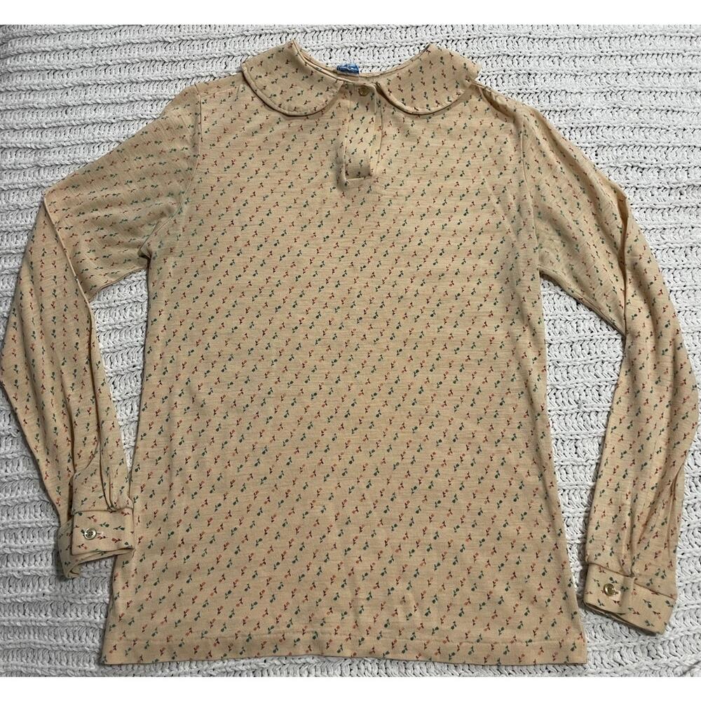 VTG Queens Way to Fashion LS Knit Top Academia Micro Floral Womens Small Tan USA